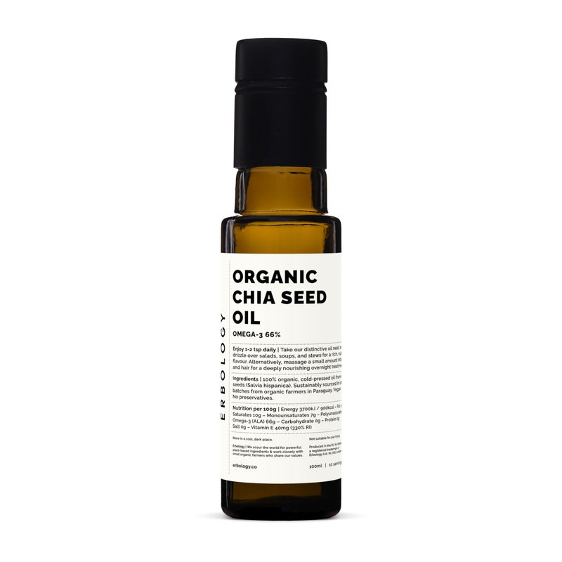 Erbology Organic Chia Seed Oil 100ml - Cold-Pressed - Rich in Omega-3 (66%) and Vitamin E (330% RI) - No Additives or Preservatives - Sustainably Sourced - Vegan - GMO-Free